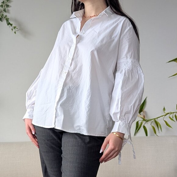 Pimkie 100% Cotton White Romantic Shirt With Smocking Detail on Sleeves, Size M - Picture 1 of 15